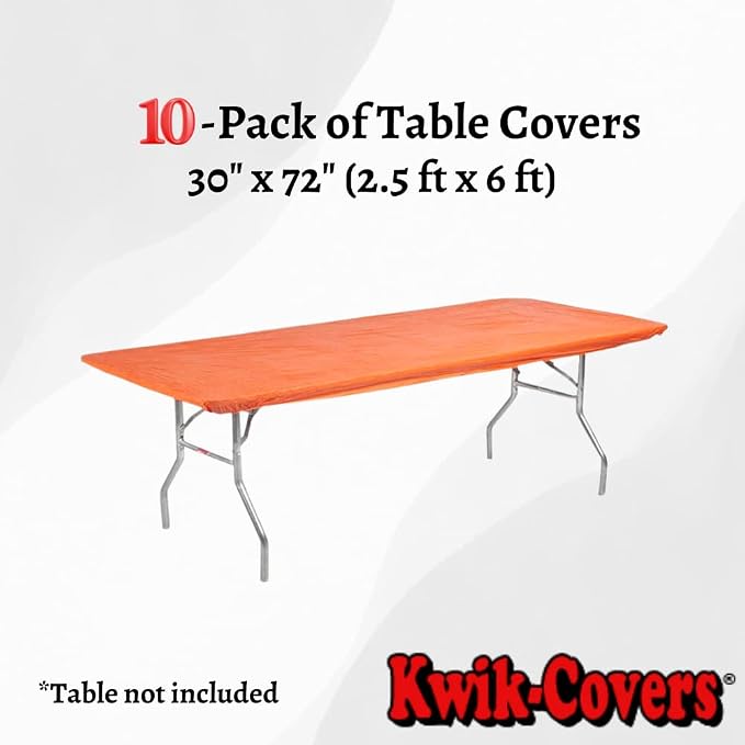 10 Pack of Rectangular Plastic Table Covers - 6' Foot or 8' Foot Options - Indoor or Outdoor Fitted Table Covers (Table NOT Included) (Orange, 30" x 72" (6' ft))