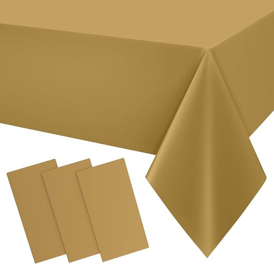 Smiry Disposable Table Cloth 3 Pack, 54 x 108 Inch Waterproof Plastic Tablecloth, Decorative Rectangle Table Covers for Party, Birthday, Picnic, Gold