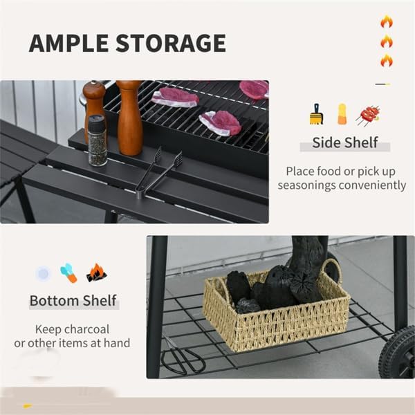 Portable Freestanding Charcoal Grill with Adjustable Charcoal Pan – Outdoor BBQ Smoker with Warming Rack, Storage Shelves & Wheels for Backyard Cooking