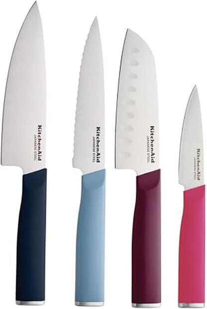 KitchenAid 4-Piece Chef Knife Set with Blade Covers, 6-Inch Chef Knife, 5-Inch Santoku, 5.5-Inch Serrated Utility, 3.5-Inch Paring Japanese Steel, Assorted Colors