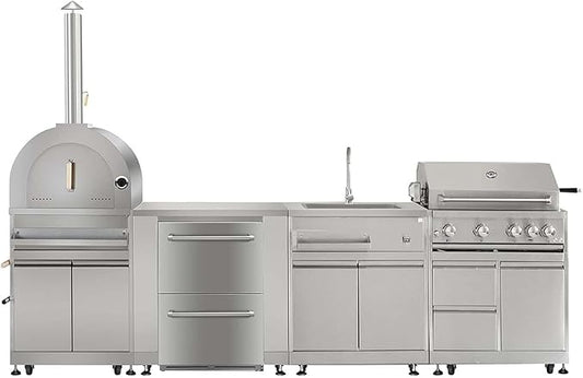 Modular Outdoor Kitchen with 30" 5 Burner Natural Gas Grill Pizza Oven BBQ Grill Cabinet 24" Undercounter Refrigerator Fridge Cabinet Sink Cabinet 6 Pcs