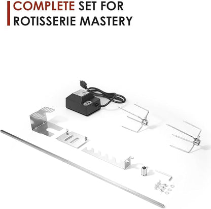 Rotisserie Grill Kit, Automatic Rotating BBQ, UL Certificated Universal Grill Rotisseries with 120V 4W Motor, 28” Spit Rod, 2 x 4 Forks, Complete Holders, and Fixing Screw for Backyard and Outdoor