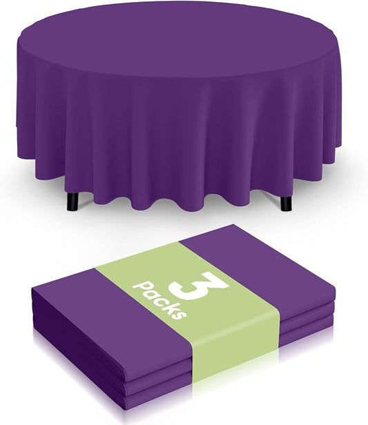 Smiry Disposable Table Cloth 3 Pack, 84 Inch Round Waterproof Plastic Tablecloth, Decorative Round Table Covers for Party, Birthday, Picnic, Purple