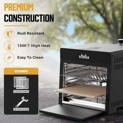 BIG HORN 1500°F Infrared Steak Grill - Portable Propane Gas Grill & Salamander Broiler for Steakhouse-Quality Searing, 16-Inch, Black