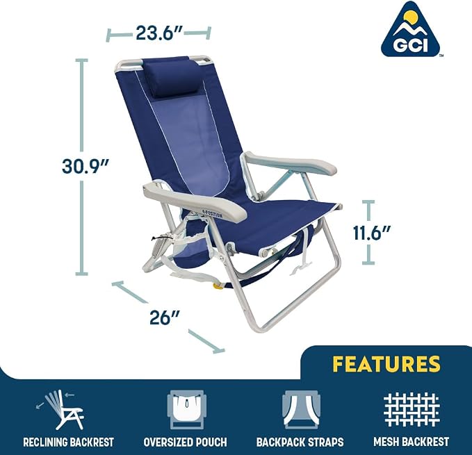 GCI Outdoor Backpack Beach Chair | Reclining Folding Chair with Durable Armrests, Drink Holder & Carry Straps, Perfect for Beach Trips & Picnics — Nautical Blue
