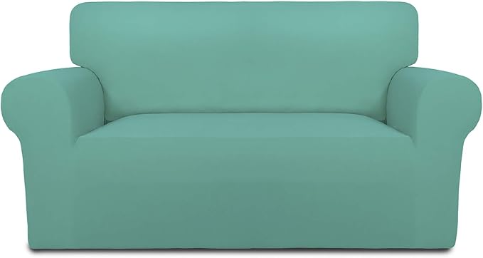 PureFit Stretch Loveseat Covers Fleece Couch Covers for Sofa Cyan | 1-Piece Sofa Slipcover Soft Couch Protector, Sofa Cover Washable with Non Skid Foam and Elastic Bottom for Kids, Dogs
