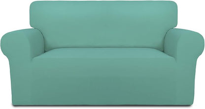PureFit Stretch Loveseat Covers Fleece Couch Covers for Sofa Cyan | 1-Piece Sofa Slipcover Soft Couch Protector, Sofa Cover Washable with Non Skid Foam and Elastic Bottom for Kids, Dogs