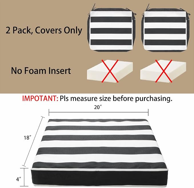 Magpie Fabrics Indoor Outdoor Cushion Cover Replacement 2 Pack, NO Insert! Water Repellent Slipcover with Ties Christmas Decor for Patio Garden Chair Seat Sofa Bench Wicker(Black White, 20x18x4 Inch)