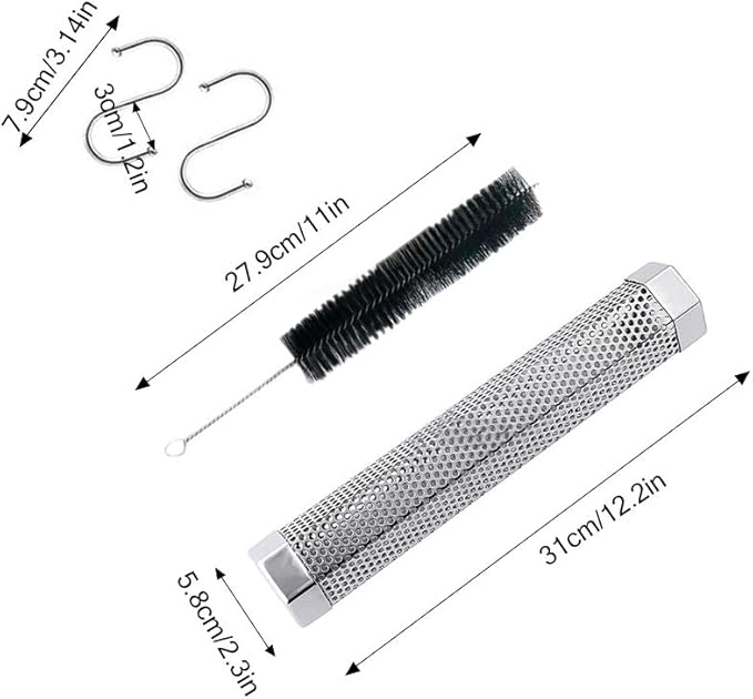 Smoker Tube - 2 Pack 12 inches Stainless Steel BBQ Wood Pellet Tube Smoker for Grills or Smokers, 2x Smoke Tubes with 4 S Shape Hooks and 1 Cleaning Brush