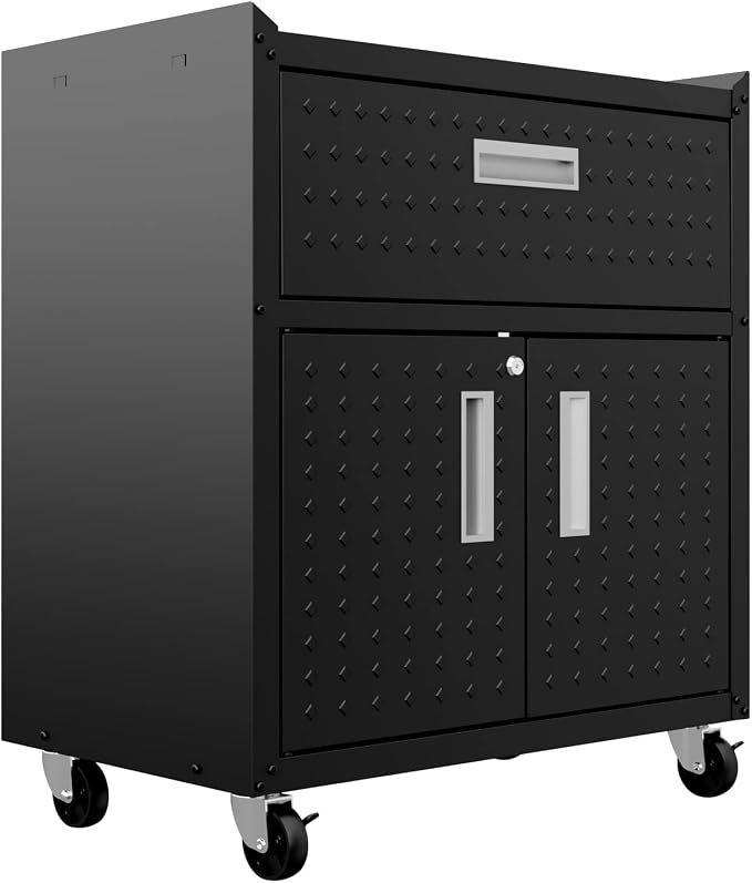 Manhattan Comfort Fortress Rolling Garage Storage Cabinet with Drawer & Adjustable Shelves, Lockable Metal Compartment for Tools, Heavy-Duty Mobile Utility Organizer with Wheels, Charcoal Gray