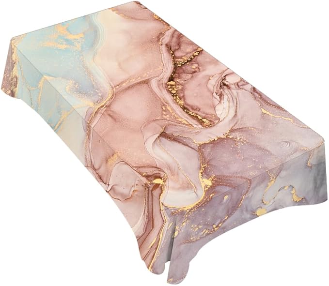 TKS MITLAN Marble Tablecloth 52 x 70 Inch Rectangular Abstract Pink Golden Waves Marble Pattern Oblong Table Cloth Kitchen Table Decorations for Home Dinner Party