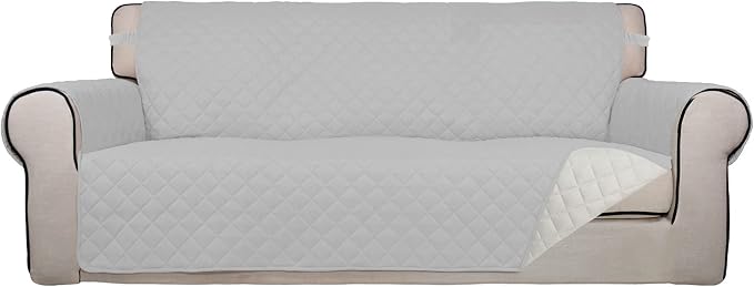 PureFit Reversible Quilted Couch Covers for Dogs Oversized Sofa Cover 78” | Light Gray/Ivory, Water Resistant Couch Protector, Washable Pet Couch Cover with Non Slip and Elastic Straps For Kids