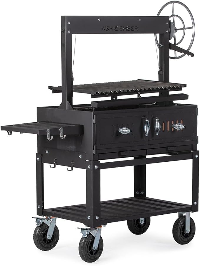 Ash & Ember Santa Maria Grill, Wood & Charcoal Argentine Grill, Hand Wheel for Adjustable Heat Control, BBQ Grill with V-Grates & Grease Trap, Argentinian Grills with Bottom & Side Shelf