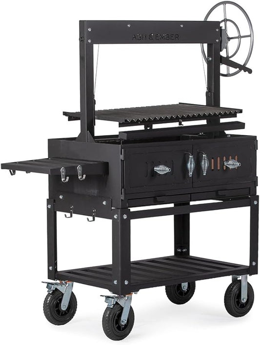 Ash & Ember Santa Maria Grill, Wood & Charcoal Argentine Grill, Hand Wheel for Adjustable Heat Control, BBQ Grill with V-Grates & Grease Trap, Argentinian Grills with Bottom & Side Shelf