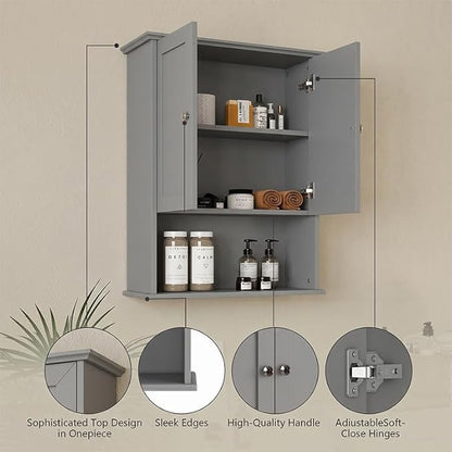Medicine Cabinet, Over The Toilet Storage Cabinet, 24x30 Inch Wall Mount Bathroom Storage Cabinet with 2 Doors & Adjustable Shelf, Wooden Bathroom Wall Cabinet, Grey