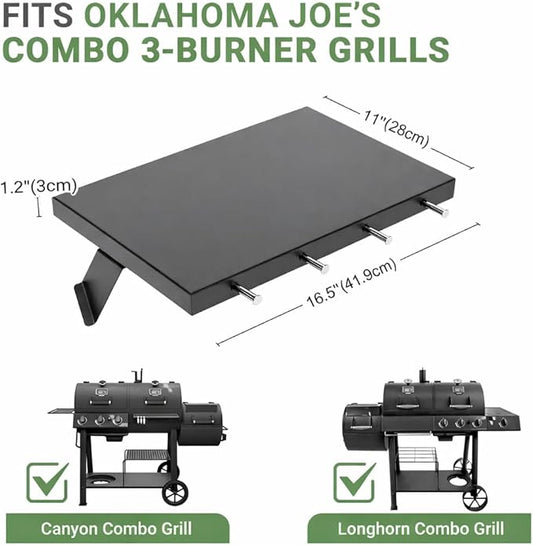 GRISUN Grill Front Shelf for Oklahoma Joe’s Canyon Combo & Longhorn Combo Grill – 16.5" x 5.5" Heavy-Duty Coated Steel BBQ Prep Shelf with 4 Tool Hooks, Front Shelf Replacement Accessories
