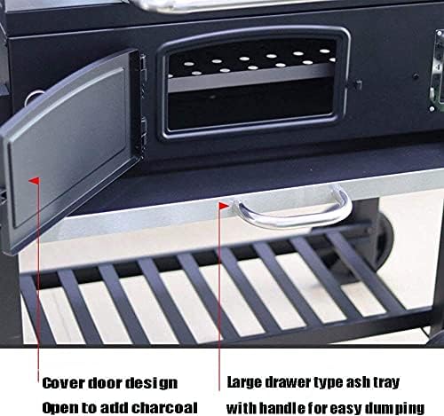 BBQ Grill Outdoor XXL Smoker Barbecue Charcoal Portable BBQ Grill Garden w/Wheels and Storage Shelves,Barbeque Grill with Thermometer Lid, Liftable Drawer Charcoal