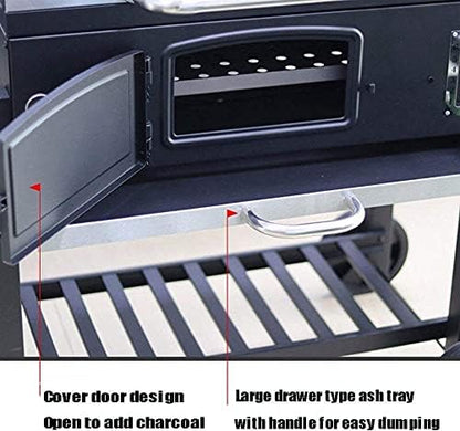 BBQ Grill Outdoor XXL Smoker Barbecue Charcoal Portable BBQ Grill Garden w/Wheels and Storage Shelves,Barbeque Grill with Thermometer Lid, Liftable Drawer Charcoal