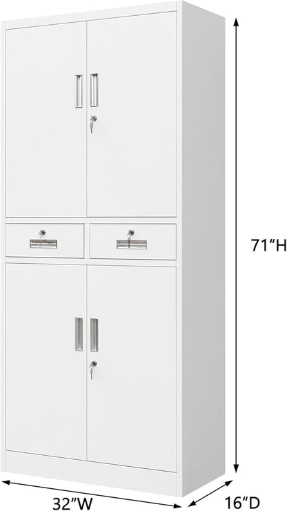 Wanfu Metal Storage Cabinet, Locking Storage Cabinet with Adjustable Shelves and 2 Drawers, 16" D x 32" W x 71" H Steel Cabinets for Office, Garage, Home, Classroom, Utility Room(White)