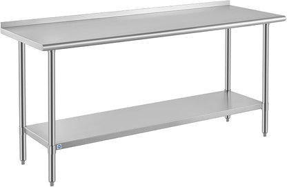 ROCKPOINT All Stainless Steel Perp Table with Backsplash 24x72 Inch, Commercial Heavy Duty Table with Stainless Legs & Adjustable Undershelf, 890 lb Capacity for Restaurant,Home and Outdoor Kitchens