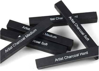 Compressed Charcoal Rod 6PCS Soft, Medium and Hard Grade Vine Square Willow Charcoal Sticks for Drawing, Sketching, Shading, Art Supplies Sketch Kits Tools Carbon Strip