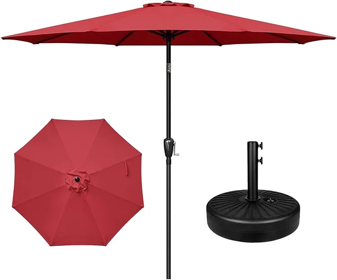 YSSOA 9' Patio Umbrella with 50lbs 20" Capacity Fillable Heavy Duty Round Base, 8 Sturdy Ribs, for Outdoor Lawn, Deck, Poolside, Red and Black
