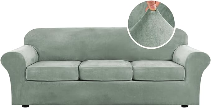 H.VERSAILTEX High Stretch Sofa Slipcover 4 Piece Cover Velvet Furniture Protector Form Fit Thick Velvet Extra Large Sofa Cover for 3 Cushion Couch Width Up to 97 Inch (Large Sofa, Sea Grass)