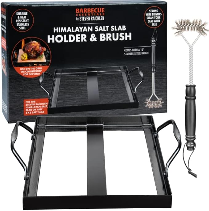 Steven Raichlen's Himalayan Salt Block Holder for 8x8 Salt Slabs with Stainless Steel Grill Brush – Heavy-Duty BBQ Rack with Handles – Grilling & Cooking Accessories for Indoor & Outdoor Use