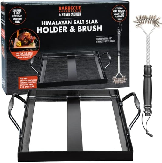 Steven Raichlen's Himalayan Salt Block Holder for 8x8 Salt Slabs with Stainless Steel Grill Brush – Heavy-Duty BBQ Rack with Handles – Grilling & Cooking Accessories for Indoor & Outdoor Use