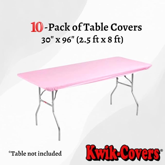 10 Pack of Rectangular Plastic Table Covers - 6' Foot or 8' Foot Options - Indoor or Outdoor Fitted Table Covers (Table NOT Included) (Pink, 30" x 96" (8' ft))
