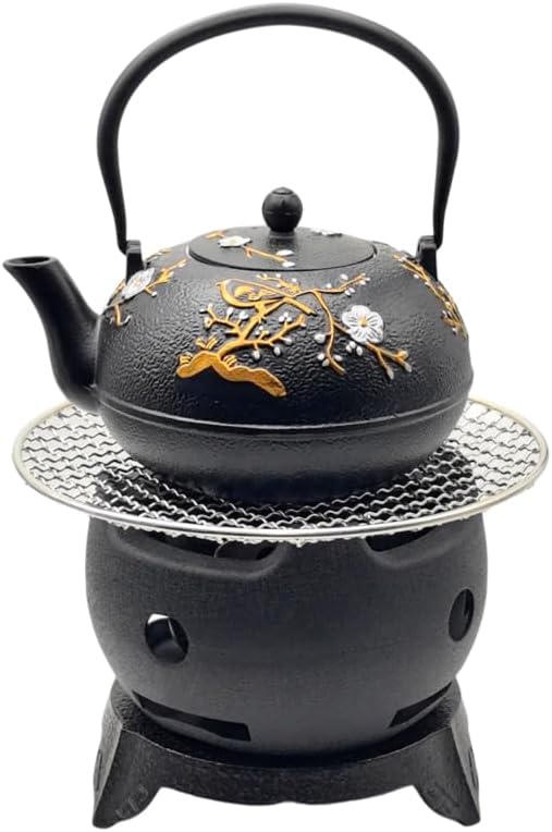 Aluminium Alloy BBQ Grill Stove Charcoal Barbecue for Household, Tea Kettle Warmer, Tea Stove with Cast Iron Trivet and 304 Stainless Steel Mesh, Portable Grill (60.9oz Teapot Set with Stove)