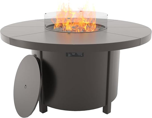 48" Round Propane Fire Pit Table,55000 BTU Round Firepit,Outdoor Fire Pit with Fire Glass,Lid,Waterproof Cover and Blue Glass Stone for Backyard,Garden,Patio