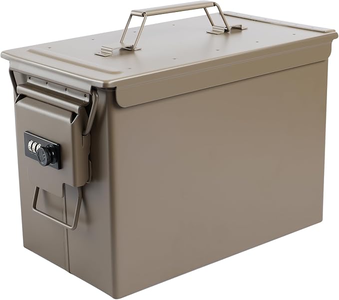 Ammo Can&Ammo Box, Fireproof & Waterproof Metal Storage Box - Perfect for Ammo, Lithium Batteries & RC Car Batteries (Square Lock, Khaki-12.8 * 7.4 * 6.1")