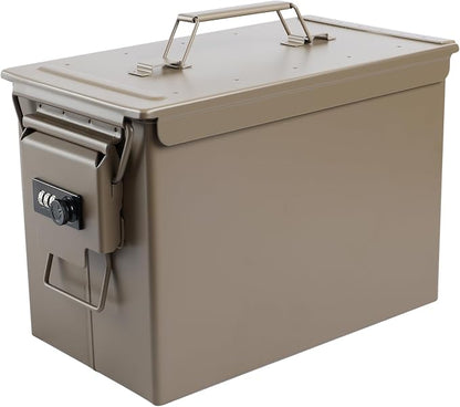 Ammo Can&Ammo Box, Fireproof & Waterproof Metal Storage Box - Perfect for Ammo, Lithium Batteries & RC Car Batteries (Square Lock, Khaki-12.8 * 7.4 * 6.1")