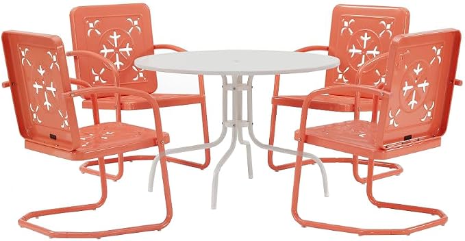 Crosley Furniture Azalea 5-Piece Vintage Outdoor Dining Set for 4, Retro Metal Round Patio Table and Chairs, Coral Gloss/White Satin