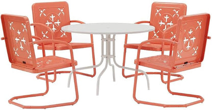 Crosley Furniture Azalea 5-Piece Vintage Outdoor Dining Set for 4, Retro Metal Round Patio Table and Chairs, Coral Gloss/White Satin