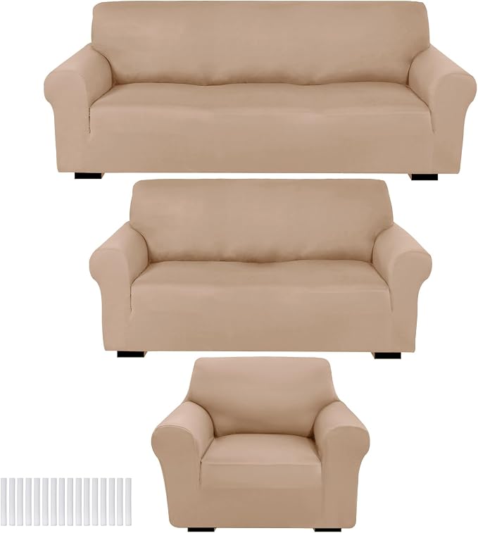 Peryiter 3 Pcs Couch and Loveseat Sofa Covers,Sand,Milk Silk | Armchair Covers for Living Room, Sofa Cushion Slipcover, Furniture Protector, Polyester and Spandex, Washable