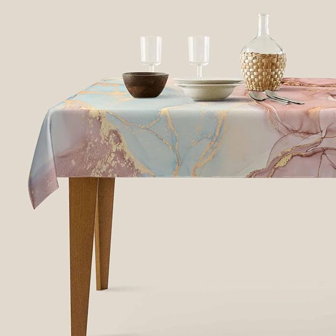 TKS MITLAN Marble Tablecloth 60x84 Inch Rectangular Abstract Pink Golden Waves Marble Pattern Oblong Table Cloth Kitchen Table Decorations for Home Dinner Party