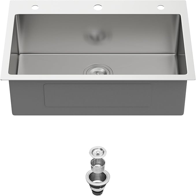 28 Inch Drop In Kitchen Sink 28 x 18 Kitchen Sink 18 Gauge Stainless Steel Single Bowl Topmount Handmade Sink, 28x18x9