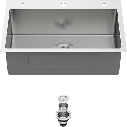 28 Inch Drop In Kitchen Sink 28 x 18 Kitchen Sink 18 Gauge Stainless Steel Single Bowl Topmount Handmade Sink, 28x18x9