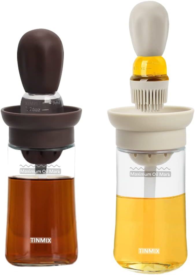 2 Pack Oil Dispenser with Brush - 2 IN 1 180ml Glass Olive Oil Dispenser Bottle with Basting Brush for Cooking Frying Kitchen, T-OB21S, Brown+Grey