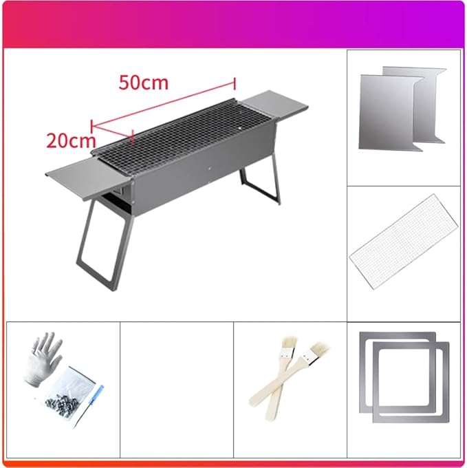 Portable Charcoal Grill, Stainless Steel Barbecue Grill Camping Smoker Grill for Outdoor Cooking Picnic Outdoor Garden Charcoal BBQ Grills Party, 60*20cm, Silver