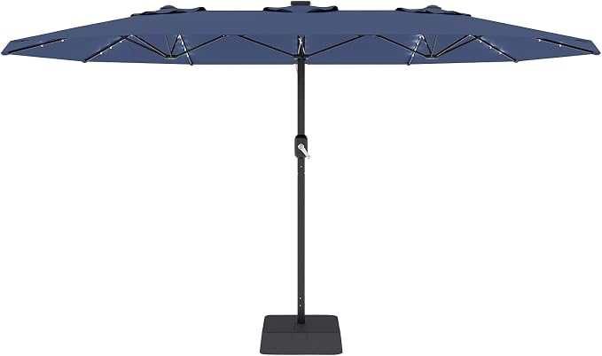 Garvee 15FT Patio Umbrella with Solar Lights & Base Included, Navy Blue | Rectangular Large Patio Umbrella with Crank Handle 48 LED Lights, UV Protection for Outdoor Market, Backyard, Deck, Poolside