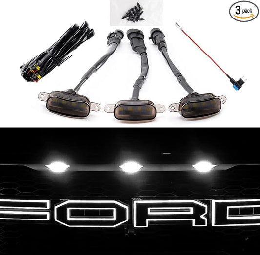 AUXLIGHT Car Accessories, 3PCS LED Grille Lights with Fuse & Wire, Compatible 2004-2019 for-d F150 Raptor Style Aftermarket Grill, 2013-2018 R-am 1500 Grill (White)