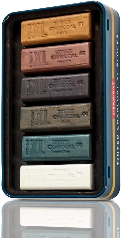 Derwent Tinted Charcoal XL Blocks 6 Tin, Set of 6, 60mm Extra-Large Block, Naturally Water-soluble, Ideal for Sketching, Drawing and Expressive Mark Making, Professional Quality (2306177)