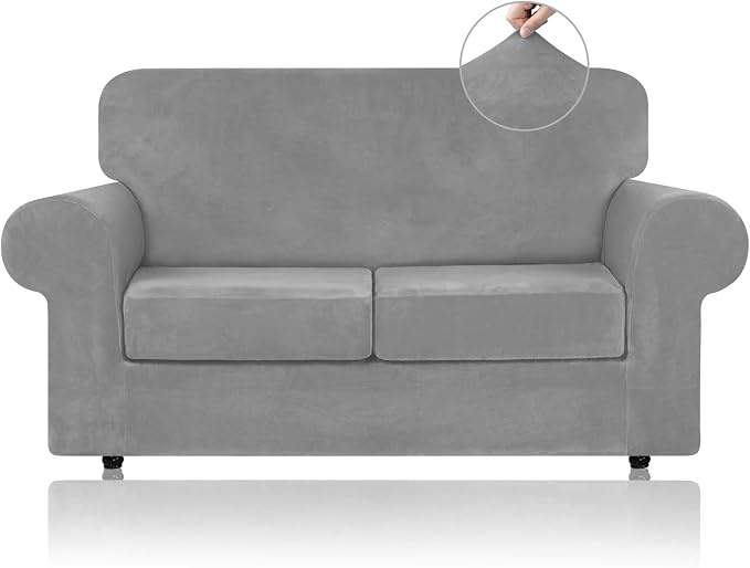 WEERRW Velvet Stretch 3 Pieces Couch Cover for Sofa Washable, Silver Grey | Love Seat Couch Covers for 2 Cushion Couch Sofa Furniture Protector slipcoves with Elastic Bottom for Kids, Medium