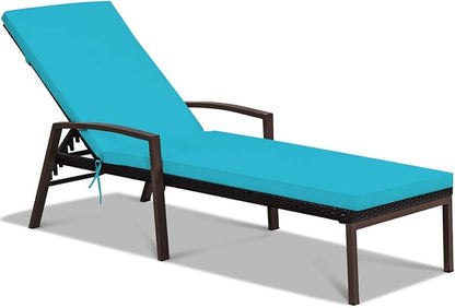 Tangkula Patio Rattan Lounge Chair, Outdoor Reclining Chaise with Cushion and Armrest, Wicker Sun Lounger with Adjustable Backrest for Garden, Balcony, Poolside (1, Turquoise)