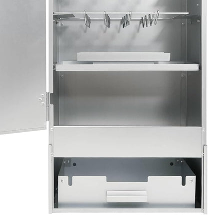 Outdoor BBQ Smoker with Prep Table, Galvanized Steel Vertical Smoker Grill for Meat, Fish and Sausage, Includes Thermometer and Storage Shelves