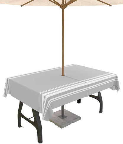 QueenKer Outdoor Tablecloth with Umbrella Hole, Farmhouse Gray White Stripe Rectangle Tables Waterproof Tabletop Collection for Patio, Garden, Picnic, Camping, Dining 54 x 80 inch