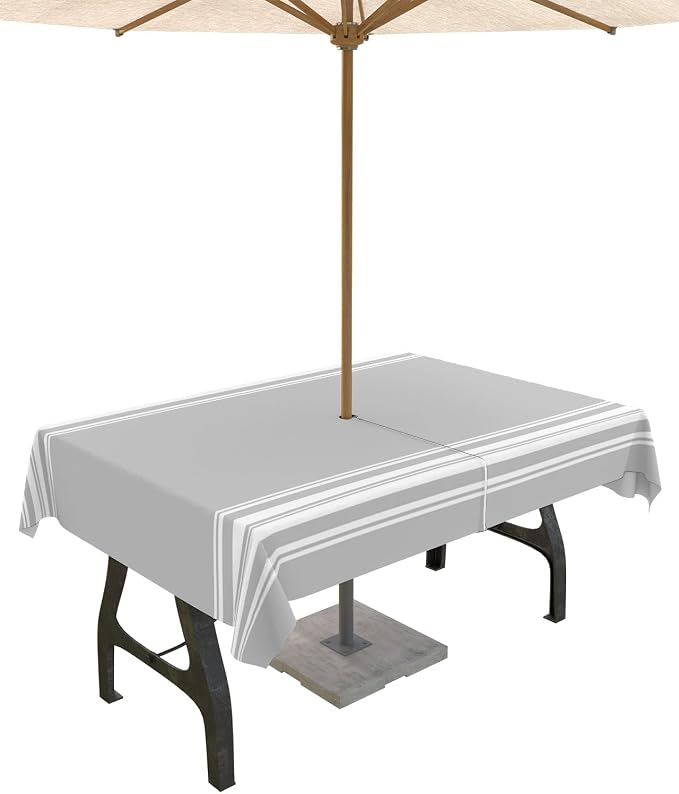 QueenKer Outdoor Tablecloth with Umbrella Hole, Farmhouse Gray White Stripe Rectangle Tables Waterproof Tabletop Collection for Patio, Garden, Picnic, Camping, Dining 60 x 84 inch